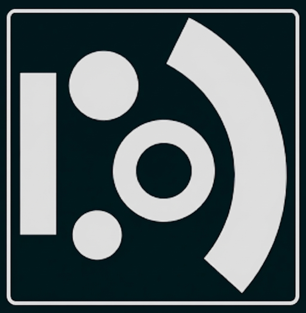 Abstrakte Formen: Ring, zwei Kreise, Rechteck und gebogener Streifen in quadratischem Rahmen.